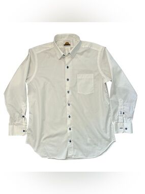 Bespoke Carolina White Dress Shirt Mens Made in USA Blue Buttons Long Sleeve